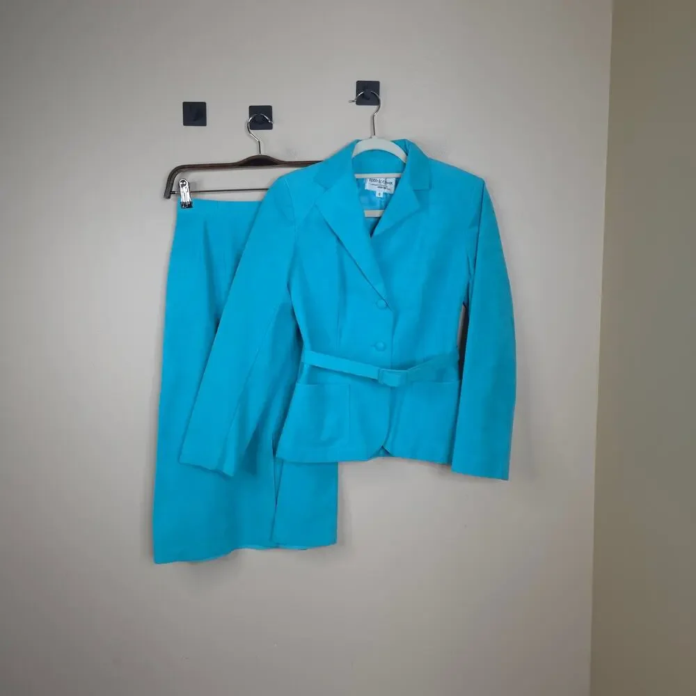 Vintage Roth-Le Cove Ultra Suede Belted Jacket Midi Skirt in Teal Size 6